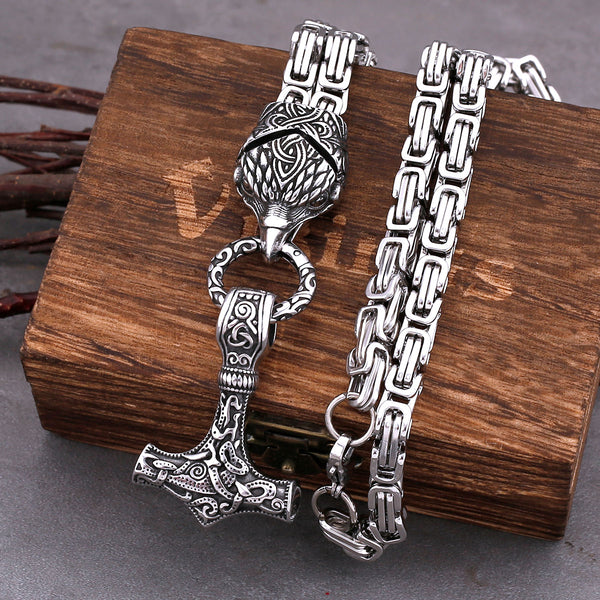 Collar vikingo con cabeza de cuervo y martillo de Thor de nuevo diseño