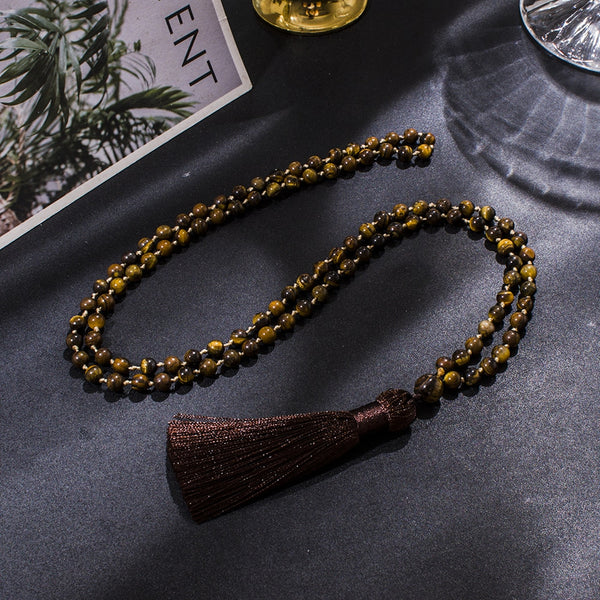 Collar Mala 108 anudado con cuentas de ojo de tigre natural de 6 mm