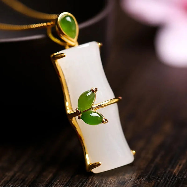 silver natural Hetian white jade bamboo Pendant Necklace