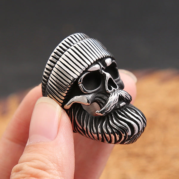 Anillo de acero inoxidable estilo punk con diseño especial, estilo vintage, con barba grande y sombrero, con calavera