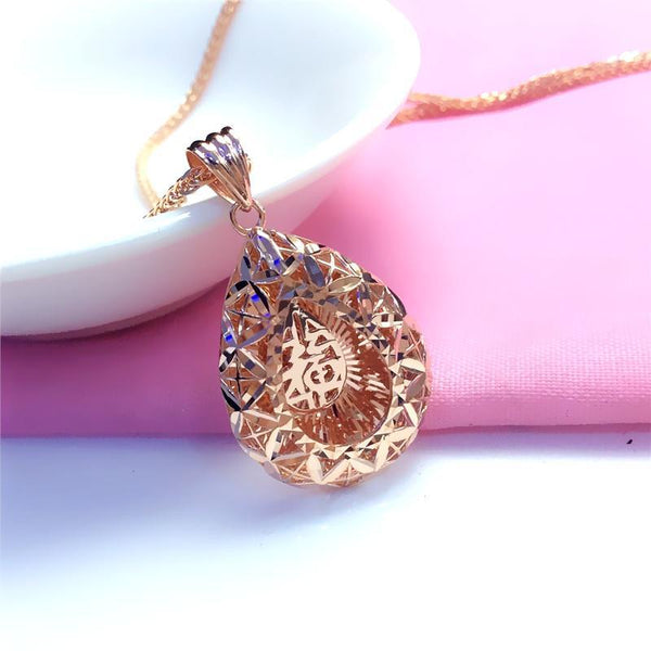 Collar geométrico de oro púrpura 585 con gota de agua y palabra de bendición para mujer