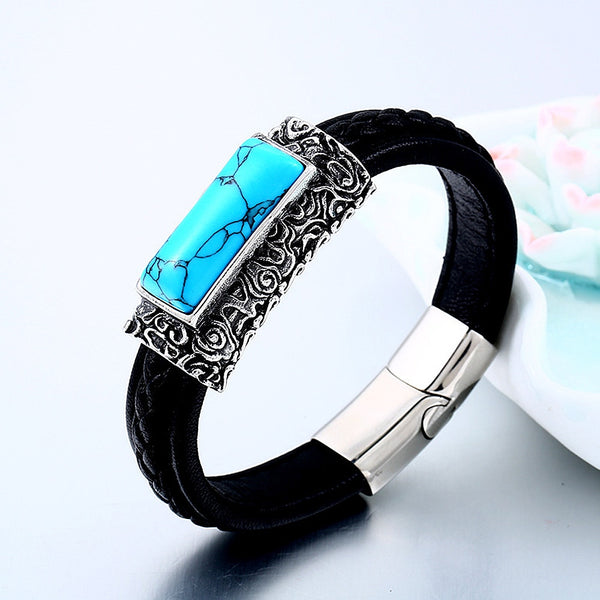 Pulsera de cuero con incrustaciones de piedra verde estilo punk para hombre