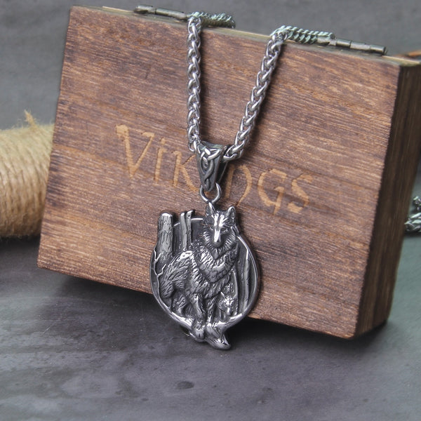 Collar de lobo del bosque vikingo nórdico de acero inoxidable que nunca se decolora con caja de madera.