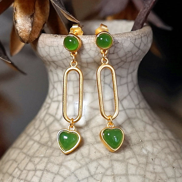 Pendientes largos huecos geométricos en forma de corazón de jaspe hetiano natural para mujer