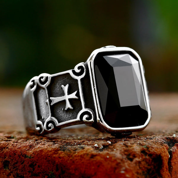 Anillos únicos de acero inoxidable vintage con piedra negra para hombres y mujeres