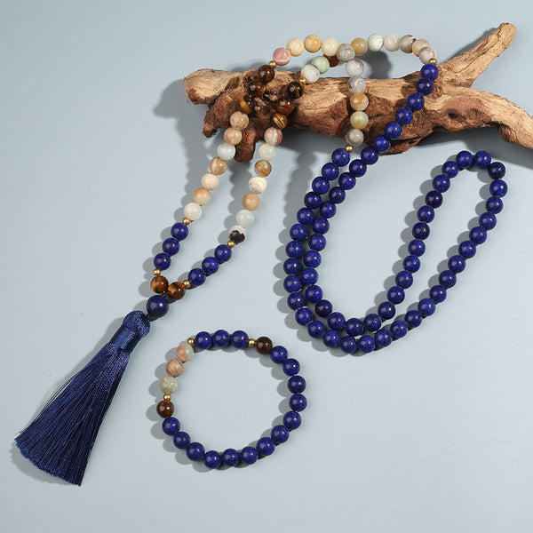 8mm Amazonite Lapis Lazuli Tiger Eye Beaded Necklace Bracelet Set