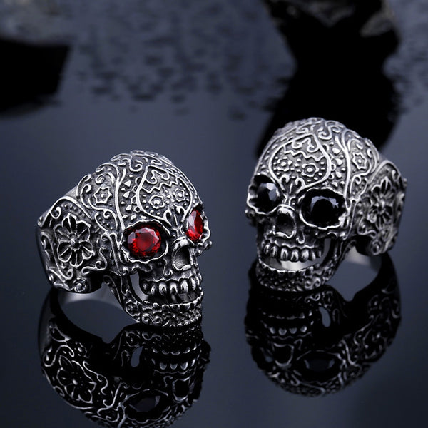 Anillo de calavera gótica tallada de acero inoxidable para hombre, estilo punk, con ojos de calavera, piedra grande negra y roja, para motociclista.