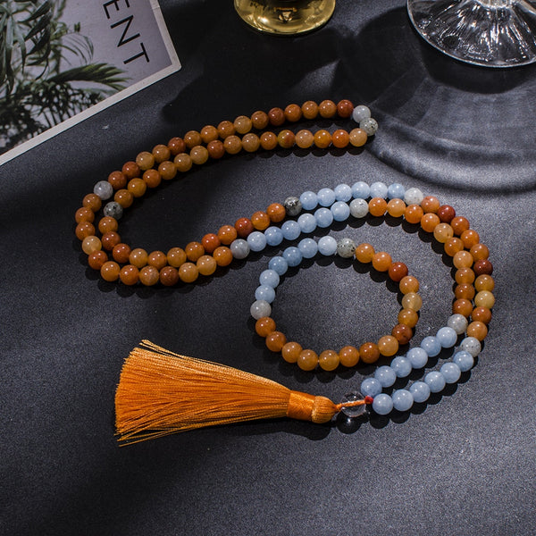 Collar de cuentas de japamala de 8 mm, aventurina roja, aguamarina y labradorita, 108 cuentas, para meditación y yoga.