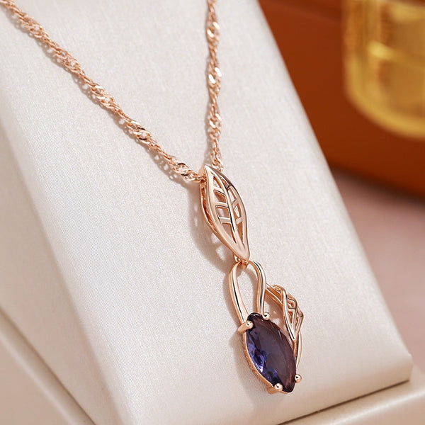 JULYDREAM Leaf Hollow Design Purple Zircon Pendant Fashion 585 Gold Color Necklace for Women Vintage Wedding Party Jewelry