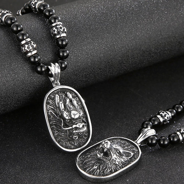 Collar con colgante de cabeza de dragón y lobo para hombre, cadena de cuentas de ágata negra de 70 cm de largo.