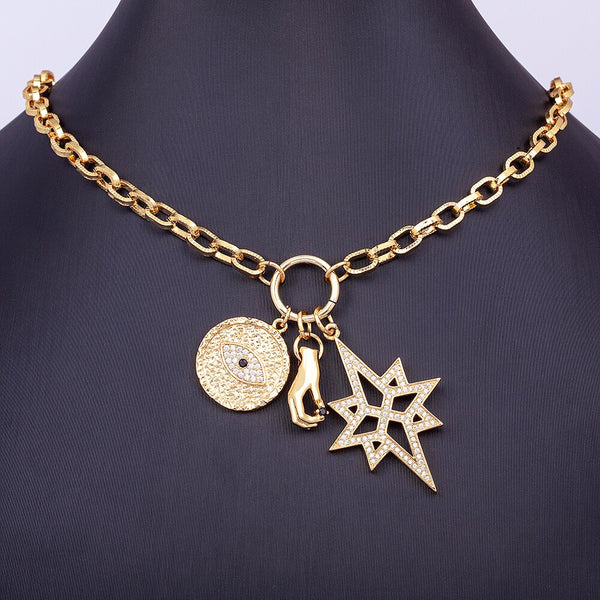Collar con colgante de cadena de eslabones con clip geométrico de moda, color dorado, con forma de palma y ojo malvado