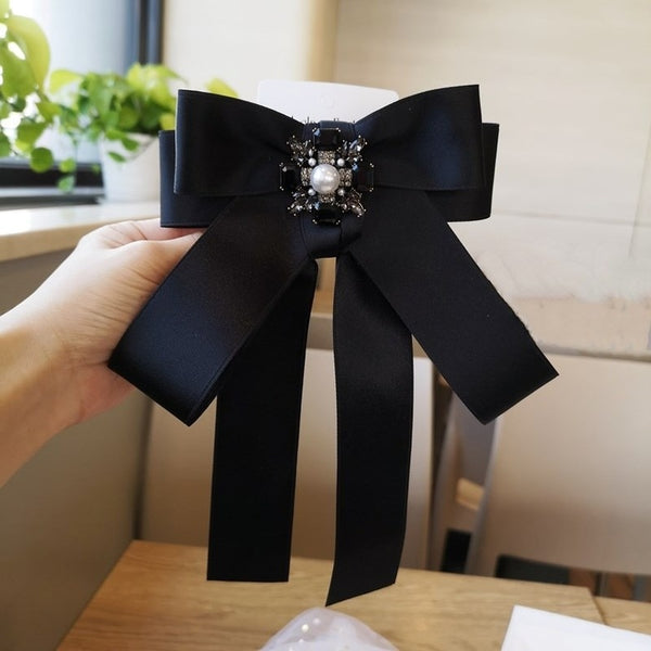 New Balck Bow Tie Brooch Fabric Cloth Art Rhinestone Necktie Brooches