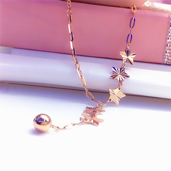 Collar de cadena con cuentas redondas y estrellas de oro rosa de 14 quilates chapado en oro púrpura 585