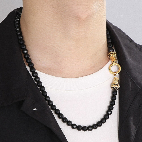 Collar con cadena de cuentas de vidrio negro para hombre con cabeza de calavera de circonita cúbica punk