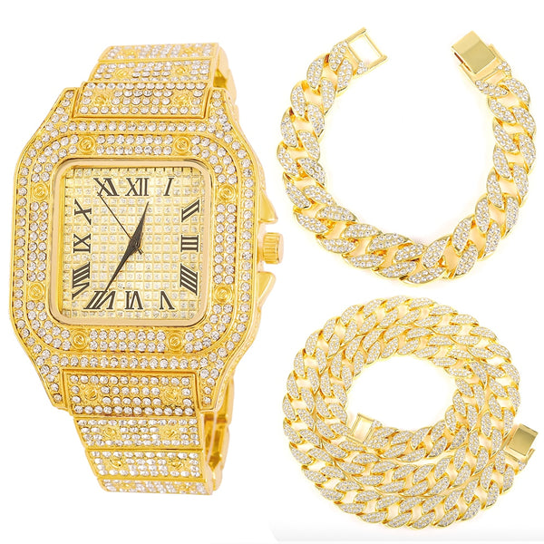 Cadena con eslabones cubanos de Miami con cristales brillantes, collar y pulsera para reloj