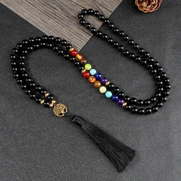 Collar de cuentas de ónix negro de 8 mm para hombre, 7 chakras, piedra natural negra brillante, 108 cuentas de mala