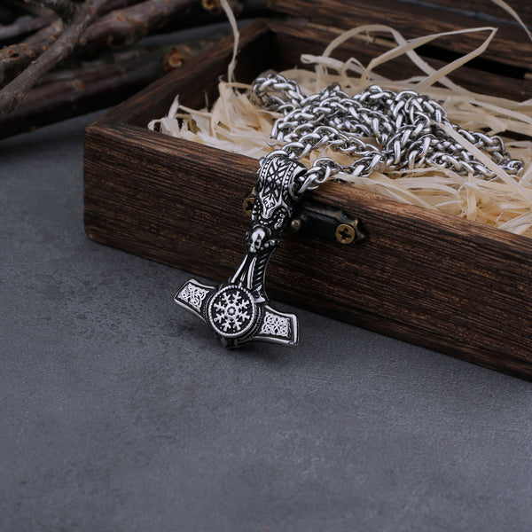 Collar vintage vikingo con calavera de Thor, Mjolnir y Yelmo del Asombro para hombre