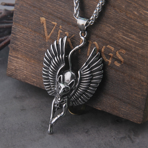 Collar con amuleto de alas de ángel y gato egipcio 316L para mujer y hombre.