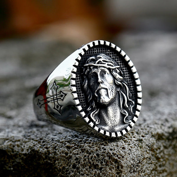 Anillo de acero inoxidable 316L con detalles de Jesús, estilo punk, vintage, religioso, con cruz.