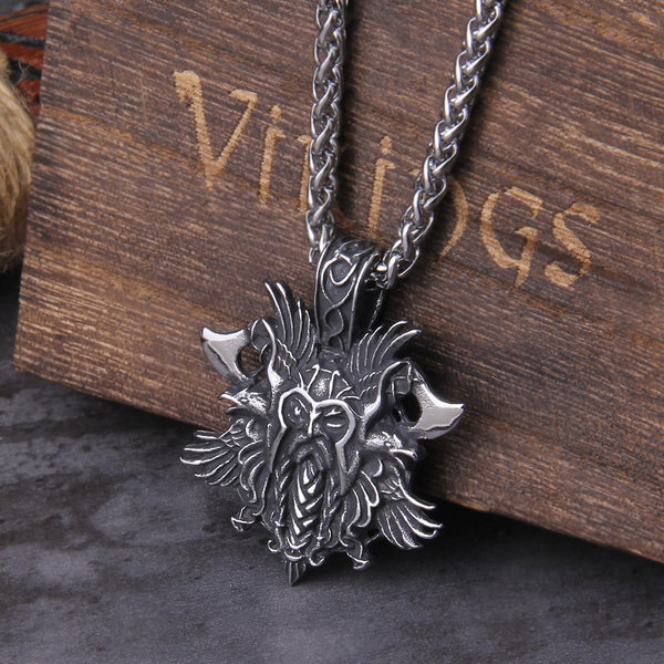 Collar con colgante de cuervo de Odín y hacha vikinga de acero inoxidable para hombre.