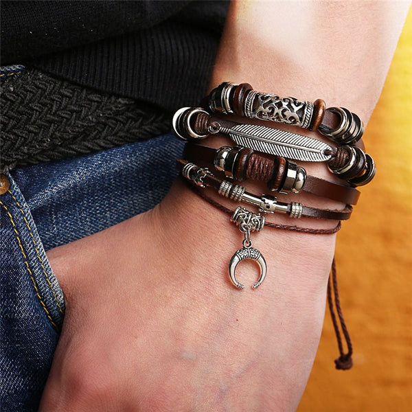 Juego de 4 pulseras de cuero multicapa con cuentas de estilo bohemio