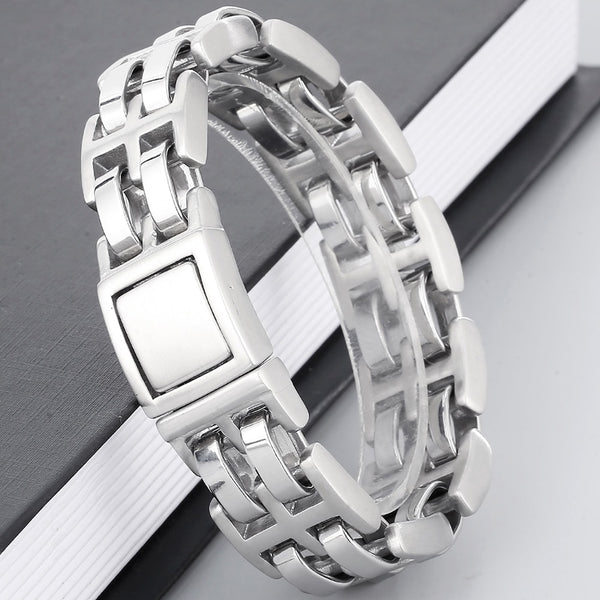 Pulsera de hombre moderna de acero inoxidable con cadena de eslabones de doble fila.