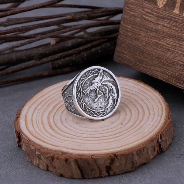 Anillo de caza con cabeza de lobo vikingo de acero inoxidable 316L