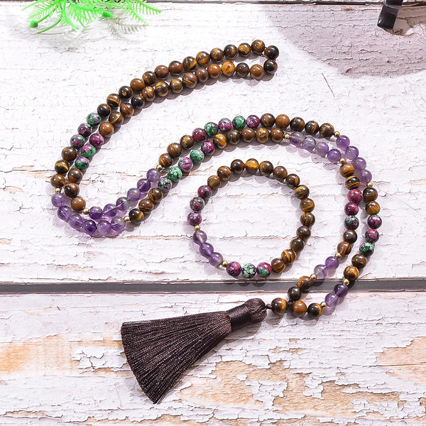 Collar Mala 108 con cuentas de amatista ojo de tigre amarillo natural de 8 mm