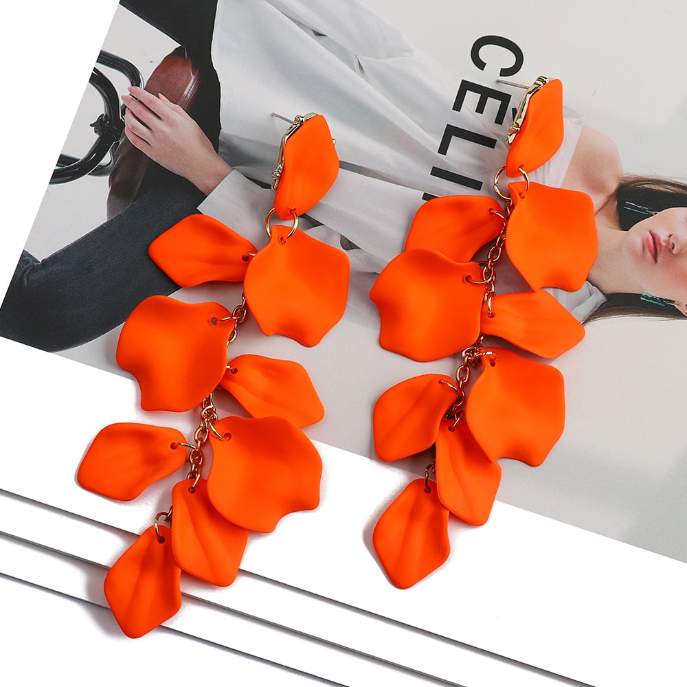 Korean Fashion Acrylic Petal Flower Tassel Dangle Earrings For Women