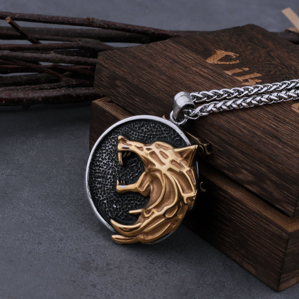 Collar vintage de acero inoxidable con cabeza de lobo de mago vikingo para hombre