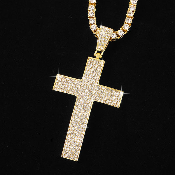 Collar con colgante de cruz brillante para hombre, estilo hip hop, cadena cubana de 13 mm