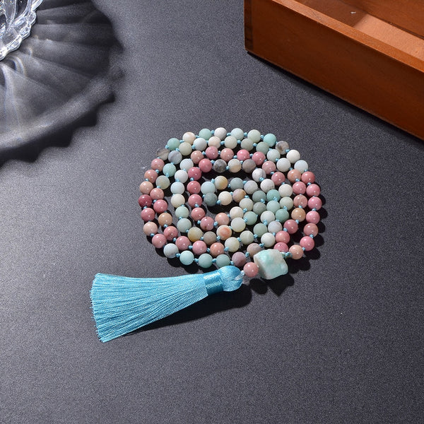 Collar Mala 108 anudado con cuentas de amazonita y rodocrosita roja de 8 mm