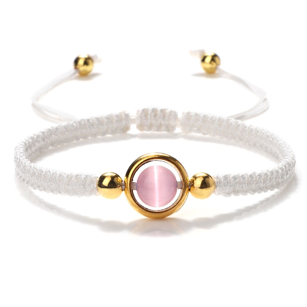 Pink Cat Eye Stone Beads Braided Bracelet For Women Red Thread String Bracelet