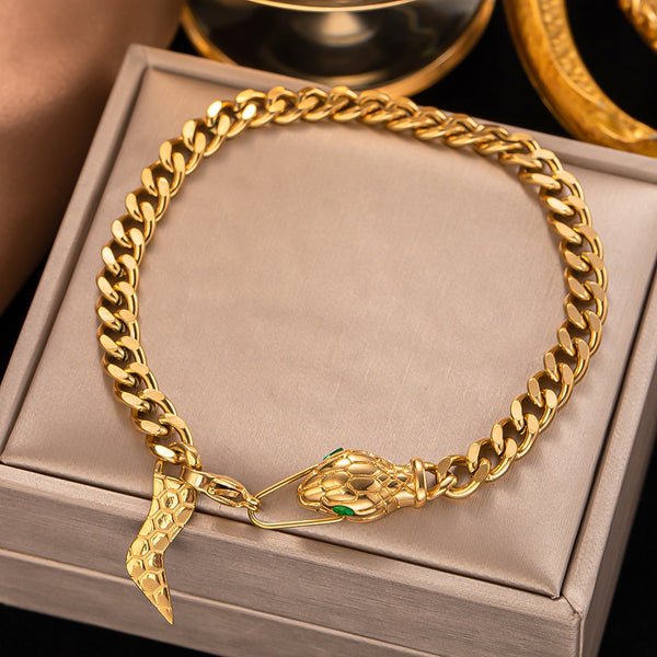 Pulsera de serpiente con cadena cubana dorada y personalidad exagerada para mujer