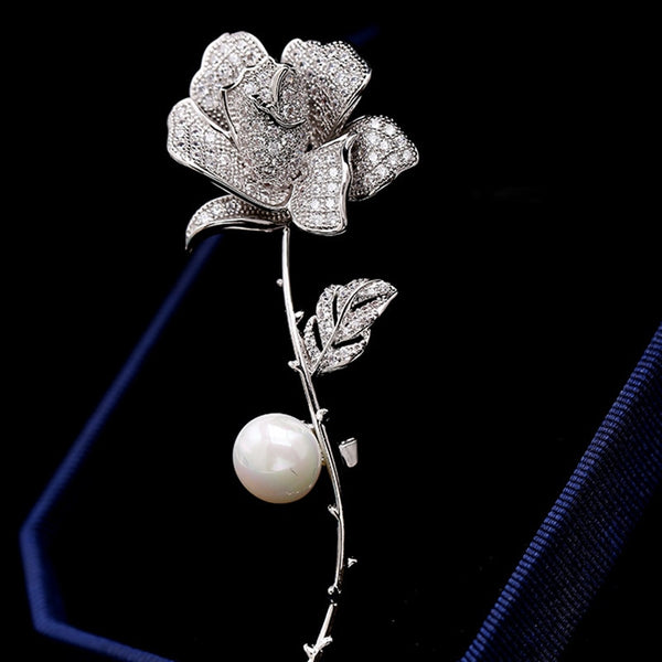 Fashion Imitation Pearl Brooch Copper Inlaid Cubic Zirconia Camellia Men And Women