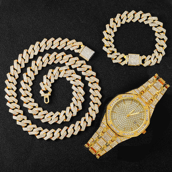 Hip Hop Men Chain Miami Cuban Chain Iced Out Paved Gold Necklace +Watch+Bracelet