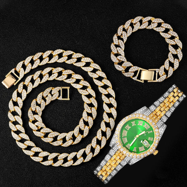 Conjunto de collar, reloj y pulsera de eslabones cubanos de Miami para hombre y mujer.