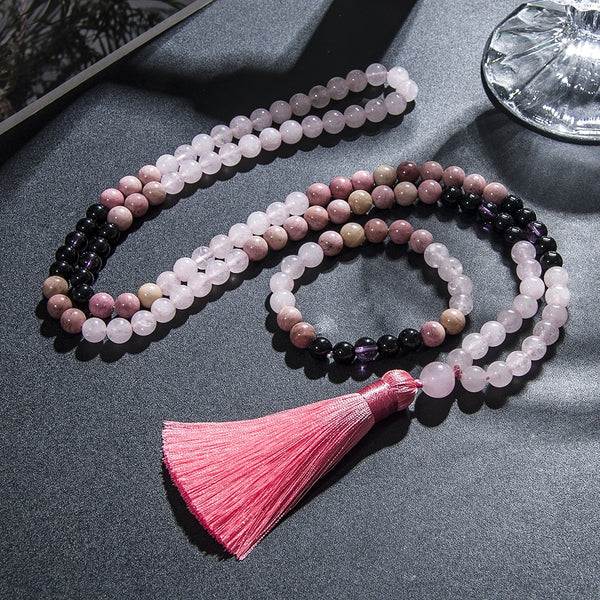 Collar de 108 cuentas de mala de cuarzo rosa rodolita natural de 8 mm para hombres y mujeres