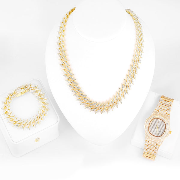 HipHop Fashion Iced Out Full Zircon Inlay Watch+16MM Cuba Necklace With Bracelet 3PCS KIT