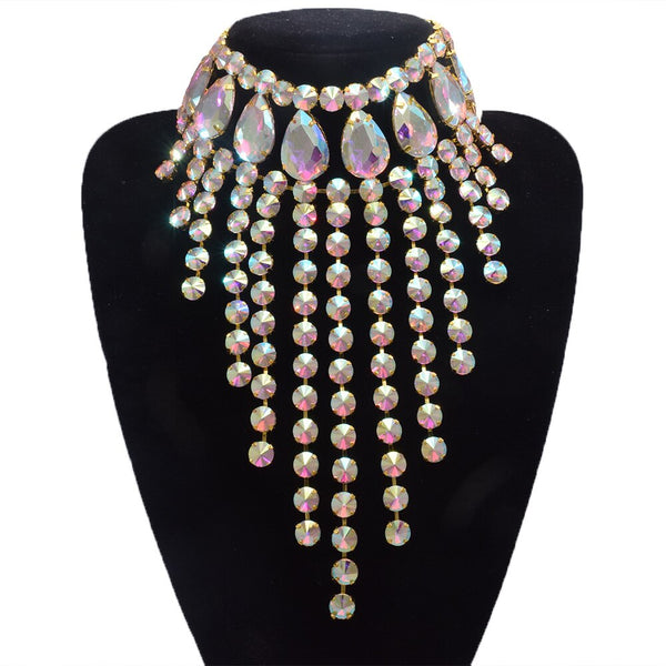 Luxury Glass Crystal AB Gemstone Tassel Necklace Choker for Women Men