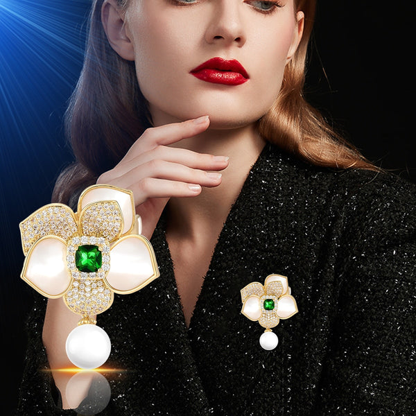 Simulation Fritillaria Camellia brooch Copper Micro-embedded Flower Imitation Pearl Brooch