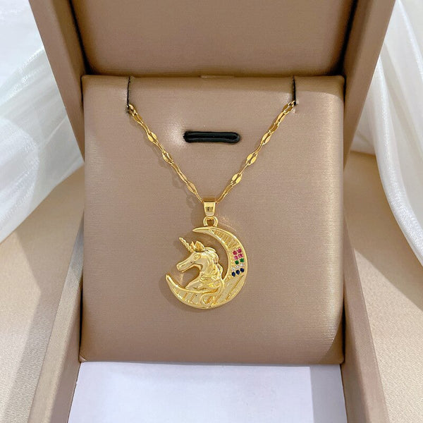 Gargantilla de cadena multicapa con colgante de poni y luna geométrica para mujer