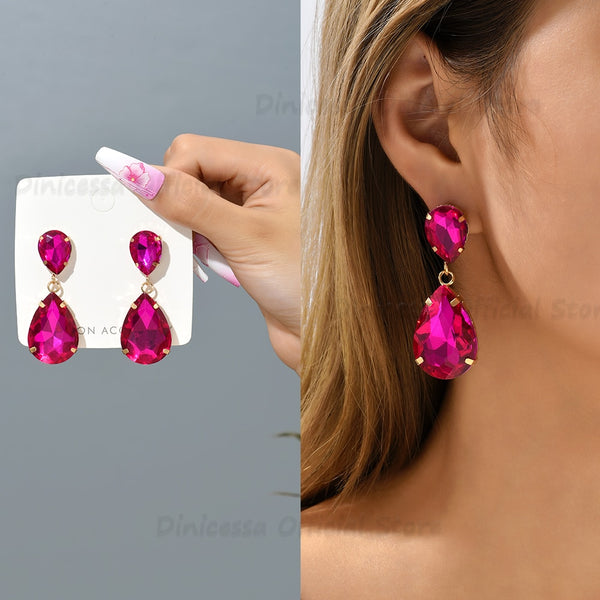 Elegantes pendientes largos colgantes de rosa roja dulce para mujer
