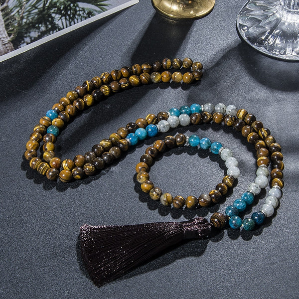 Collar Mala de cuentas de labradorita, apatita y ojo de tigre de 8 mm