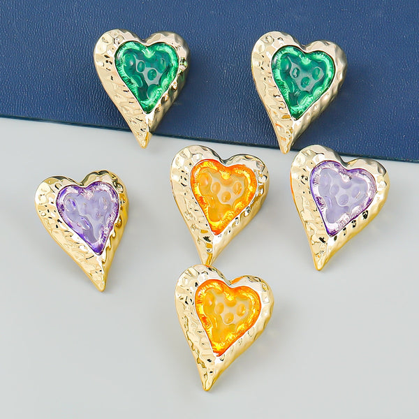 Pendientes geométricos con forma de corazón de resina de caramelo transparente metálico para mujer