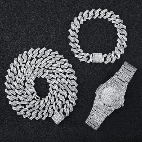 Collar + Reloj + Pulsera Hip Hop Miami Curb Cadena Cubana