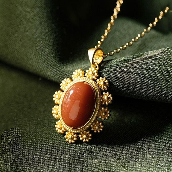 Collar para mujer con colgante de flor de turmalina roja del sur incrustada en oro antiguo