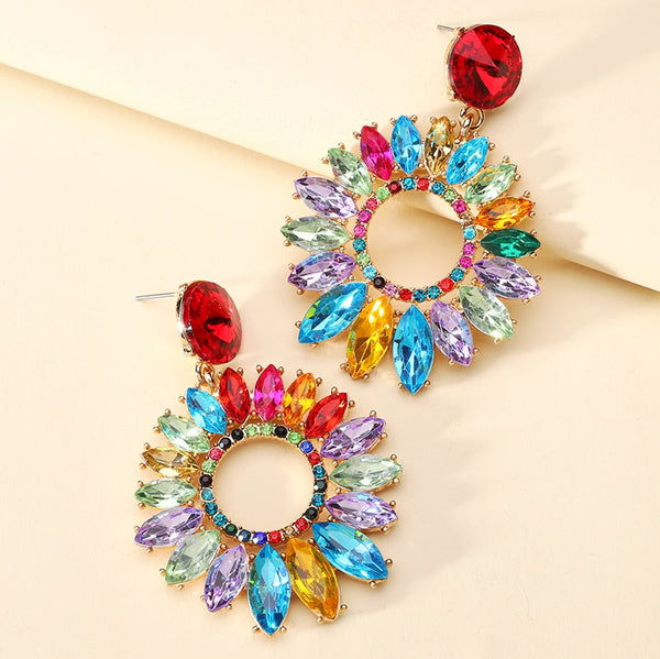 Pendientes colgantes grandes de cristal multicolor con diseño de girasol redondo de moda bohemia para mujer