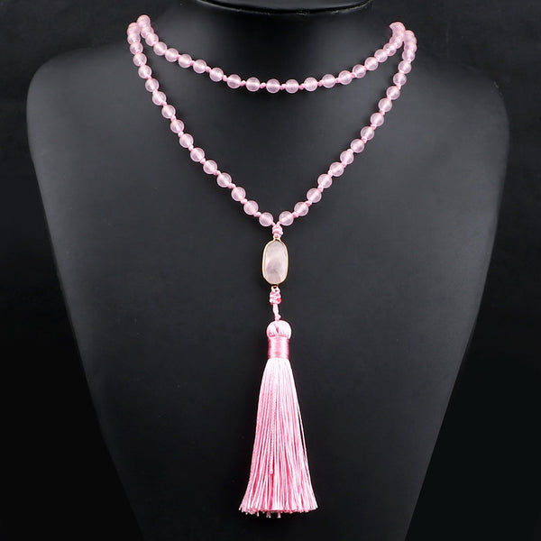 Collar de cuentas de calcedonia rosa natural de moda, colgante de 108 cuentas de mala para mujer