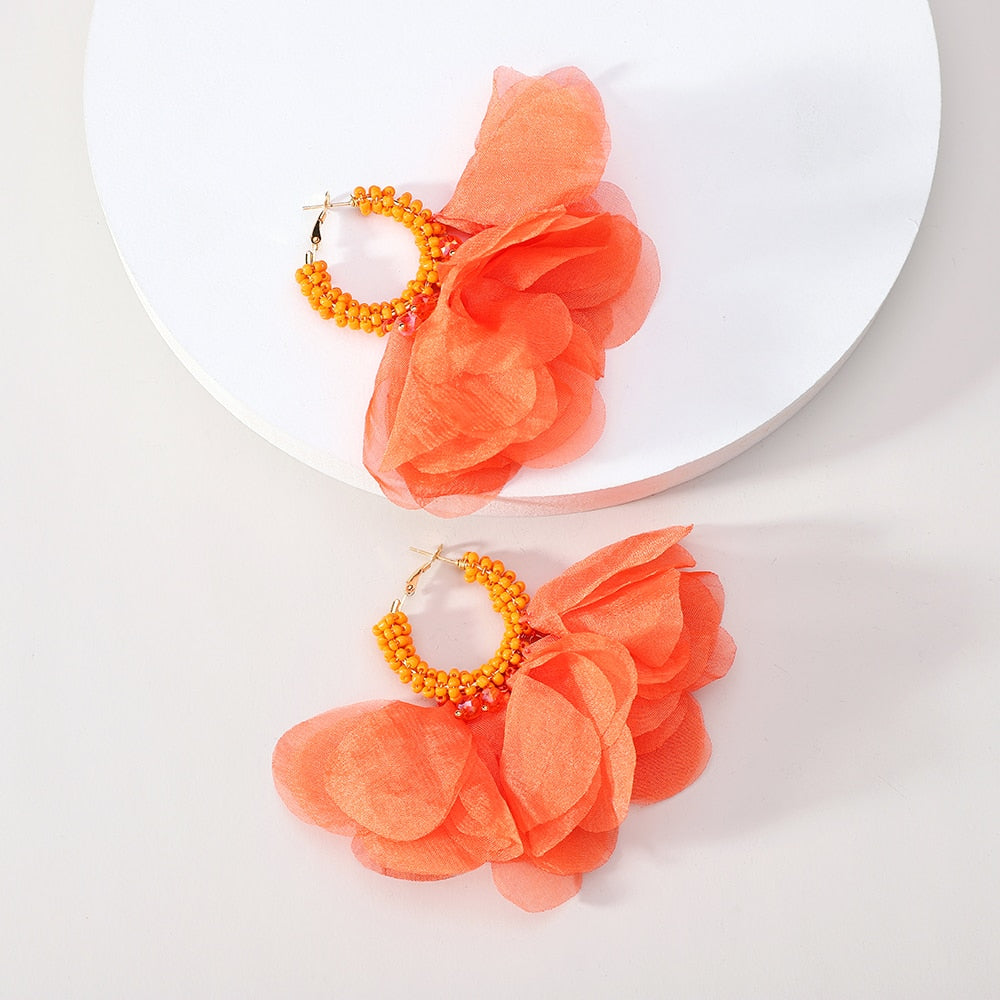 Fashion Rose Flower Petal Cotton Beaded Big Dangle Earrings For Women